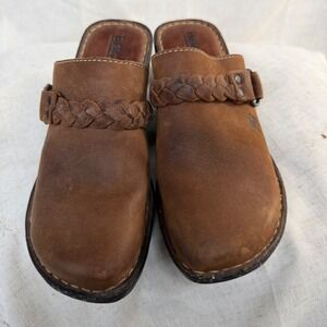 Born Brown Leather Braided Clog Mules Size 8/39 Woven Strap